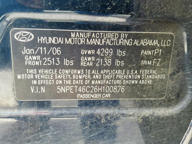 5NPET46C26H100876 - 2006 HYUNDAI SONATA GL BLUE photo 10