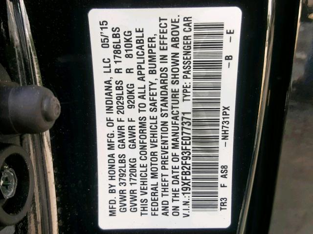 19XFB2F93FE077371 - 2015 HONDA CIVIC EXL 黑色 照片 10