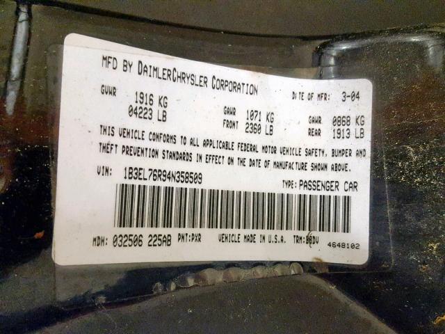 1B3EL76R94N358509 - 2004 DODGE STRATUS R/ BLACK photo 10