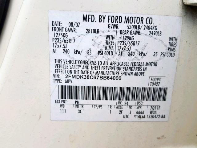 2FMDK38C67BB64000 - 2007 FORD EDGE SEL CREAM photo 10