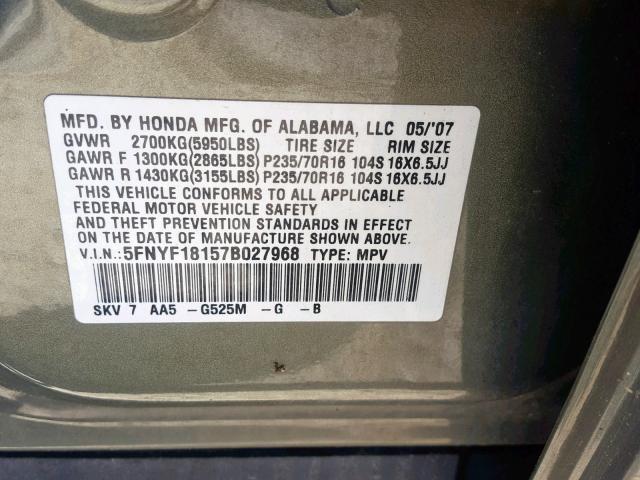 5FNYF18157B027968 - 2007 HONDA PILOT LX GREEN photo 10