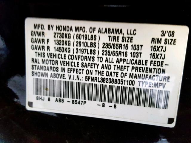 5FNRL38208B051100 - 2008 HONDA ODYSSEY LX BLUE photo 10