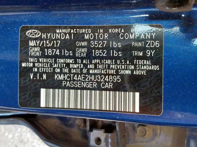 KMHCT4AE2HU324895 - 2017 HYUNDAI ACCENT SE BLUE photo 10