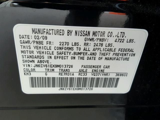 JNKCV61EX9M013726 - 2009 INFINITI G37 BASE BLACK photo 10