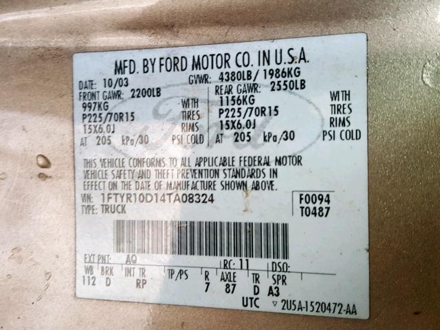 1FTYR10D14TA08324 - 2004 FORD RANGER GOLD photo 10