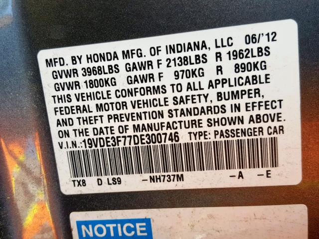 19VDE3F77DE300746 - 2013 ACURA ILX HYBRID GRAY photo 10