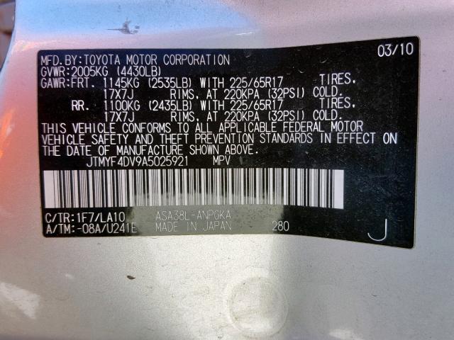 JTMYF4DV9A5025921 - 2010 TOYOTA RAV4 LIMIT SILVER photo 10