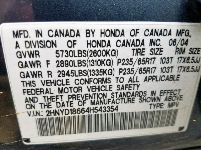 2HNYD18664H543354 - 2004 ACURA MDX TOURIN BLUE photo 10