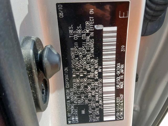 JTJBM7FX1B5018150 - 2011 LEXUS GX SILVER photo 10