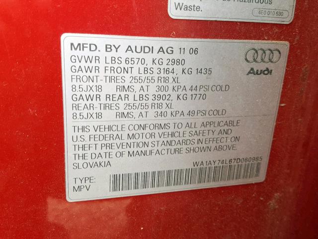 WA1AY74L67D060985 - 2007 AUDI Q7 3.6 QUA RED photo 10