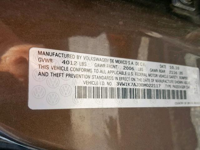 3VW1K7AJ3BM022117 - 2011 VOLKSWAGEN JETTA BASE  photo 10