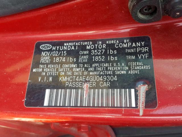 KMHCT4AE4GU049304 - 2016 HYUNDAI ACCENT SE RED photo 10