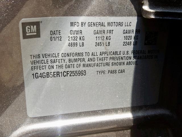 1G4GB5ER1CF255993 - 2012 BUICK LACROSSE C GRAY photo 10