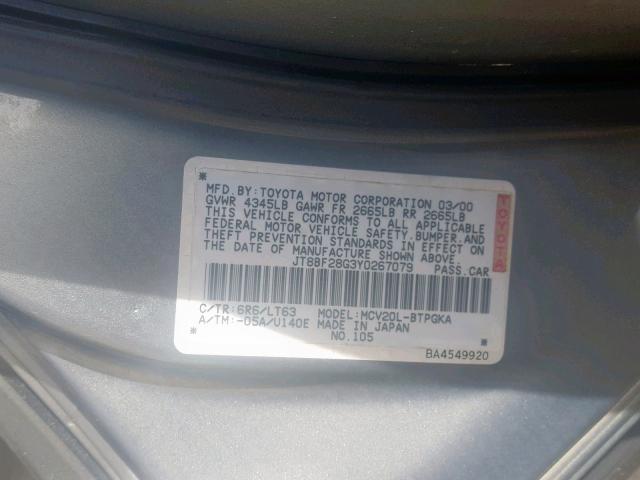 JT8BF28G3Y0267079 - 2000 LEXUS ES 300 GRAY photo 10