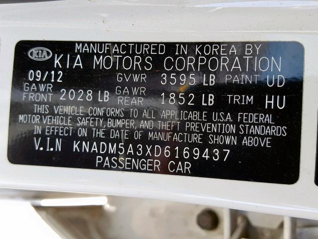 KNADM5A3XD6169437 - 2013 KIA RIO LX WHITE photo 10