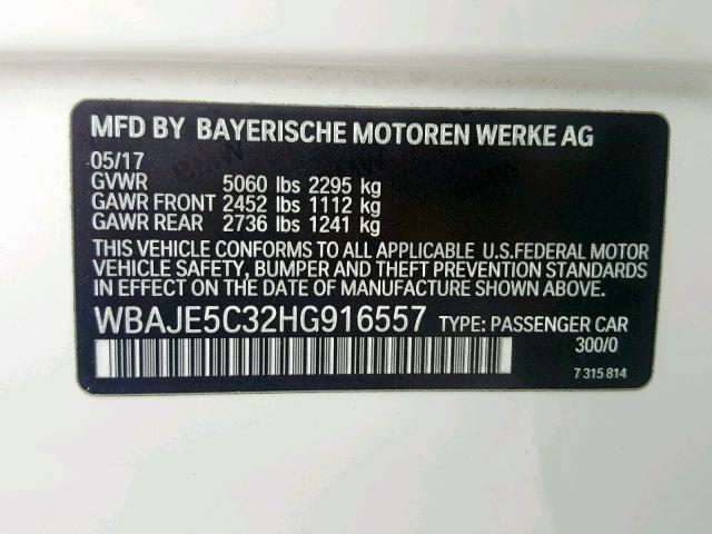 WBAJE5C32HG916557 - 2017 BMW 540 I WHITE photo 10