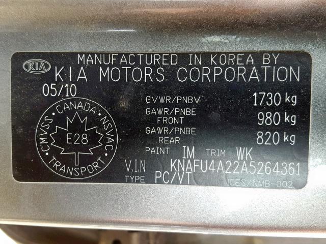 KNAFU4A22A5264361 - 2010 KIA FORTE EX SILVER photo 10