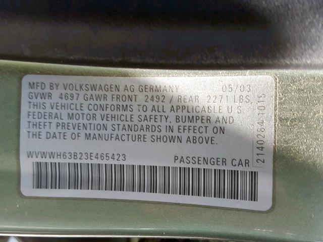 WVWWH63B23E465423 - 2003 VOLKSWAGEN PASSAT GLX 绿色 照片 10