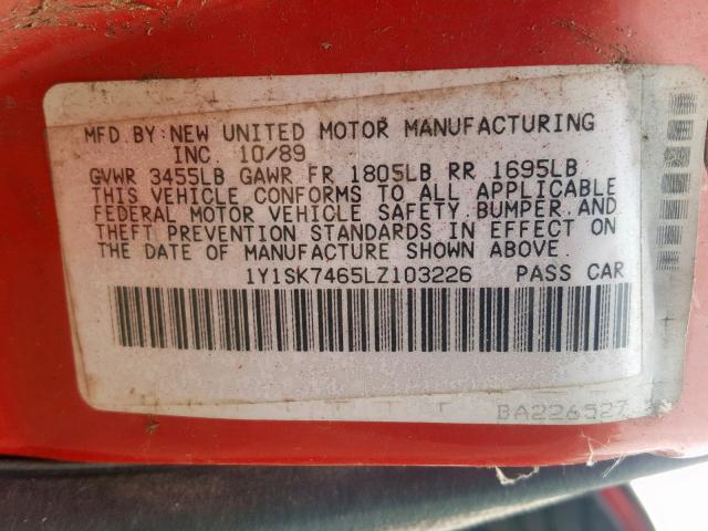 1Y1SK7465LZ103226 - 1990 GEO PRIZM BASE RED photo 10