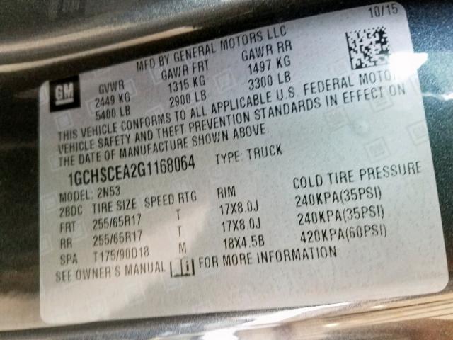 1GCHSCEA2G1168064 - 2016 CHEVROLET COLORADO L GRAY photo 10