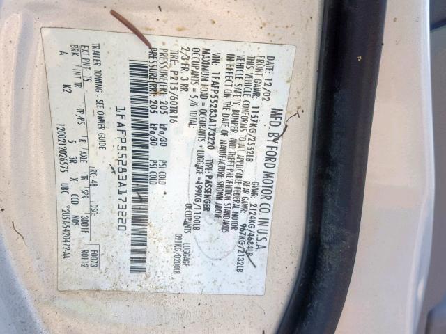 1FAFP55283A173220 - 2003 FORD TAURUS SES SILVER photo 10