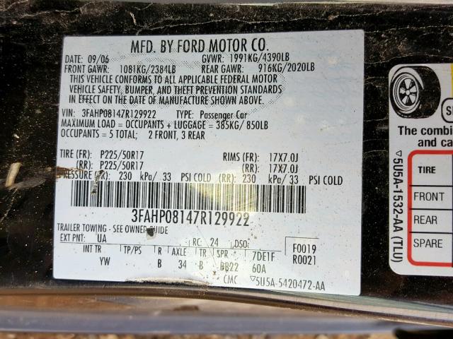 3FAHP08147R129922 - 2007 FORD FUSION SEL BLACK photo 10