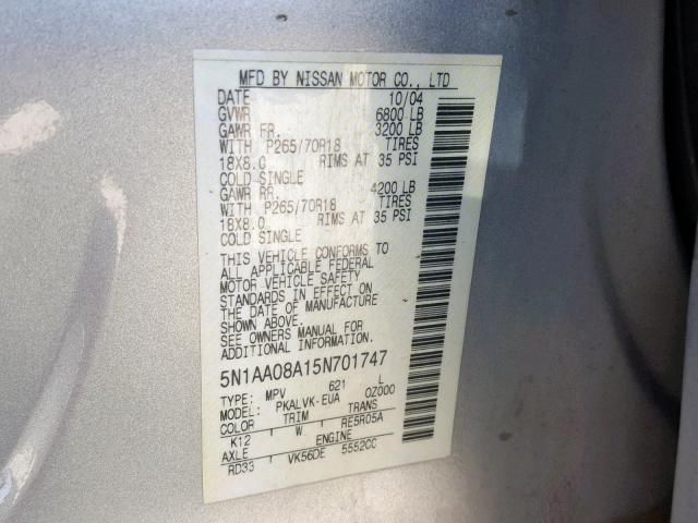 5N1AA08A15N701747 - 2005 NISSAN ARMADA SE SILVER photo 10