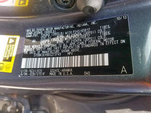 5TDBK3EH9DS273749 - 2013 TOYOTA HIGHLANDER GRAY photo 10