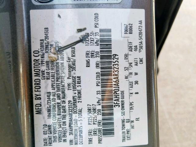 3FAHP0JA6AR323529 - 2010 FORD FUSION SEL CHARCOAL photo 10