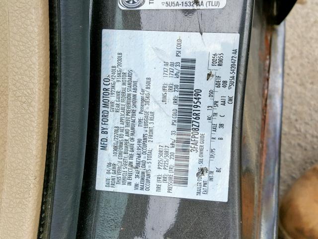 3FAFP08Z76R195490 - 2006 FORD FUSION SEL GRAY photo 10