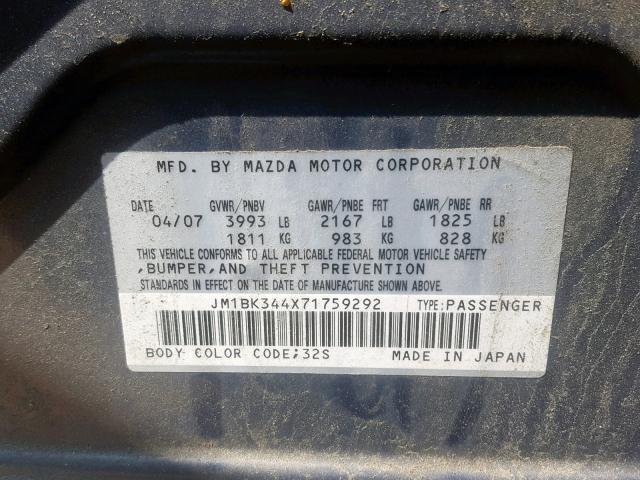 JM1BK344X71759292 - 2007 MAZDA 3 HATCHBAC GRAY photo 10