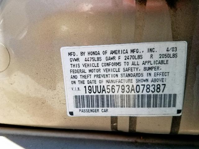 19UUA56793A078387 - 2003 ACURA 3.2TL GOLD photo 10