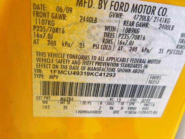 1FMCU49319KC41293 - 2009 FORD ESCAPE HYB YELLOW photo 10