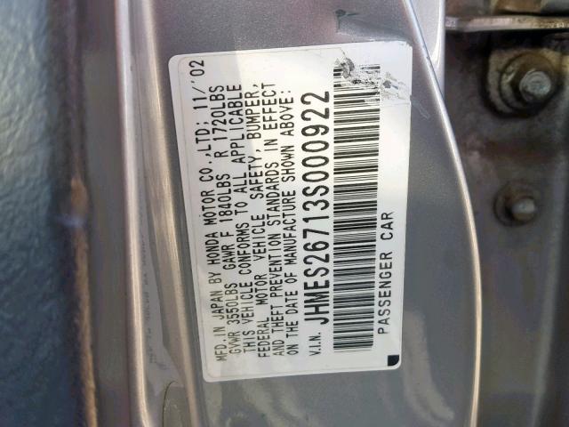 JHMES26713S000922 - 2003 HONDA CIVIC EX SILVER photo 10