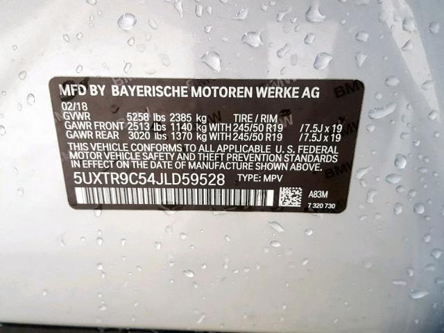 5UXTR9C54JLD59528 - 2018 BMW X3 XDRIVE3 SILVER photo 10