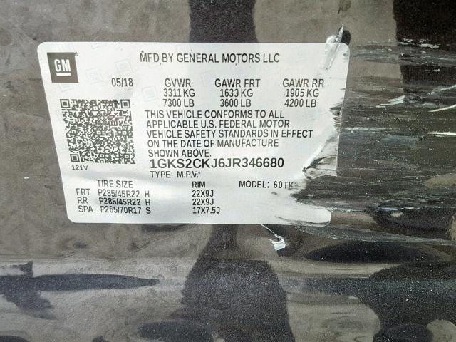 1GKS2CKJ6JR346680 - 2018 GMC YUKON DENA CHARCOAL photo 10