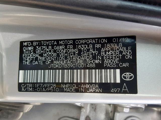 JTDKDTB39C1001488 - 2012 TOYOTA PRIUS C SILVER photo 10