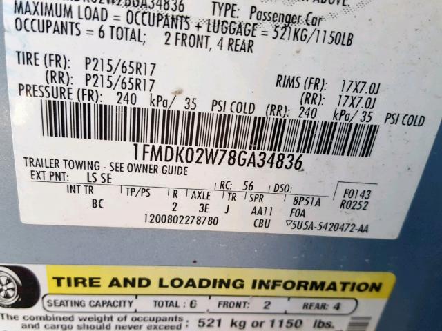 1FMDK02W78GA34836 - 2008 FORD TAURUS X S BLUE photo 10