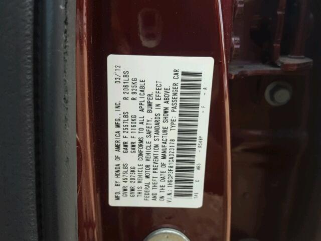 1HGCP3F81CA023178 - 2012 HONDA ACCORD BURGUNDY photo 10