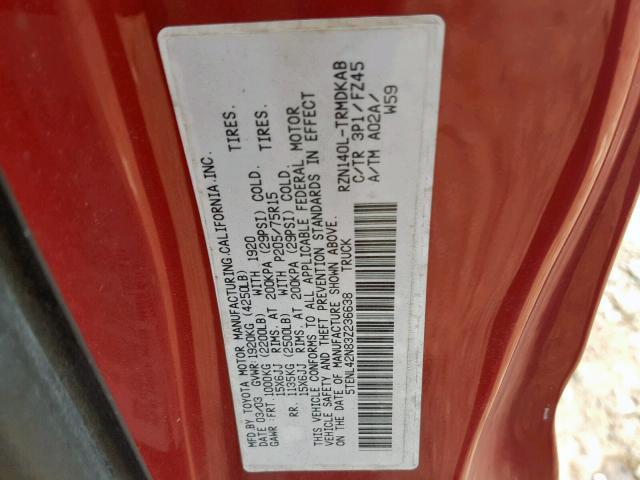 5TENL42N83Z236638 - 2003 TOYOTA TACOMA RED photo 10