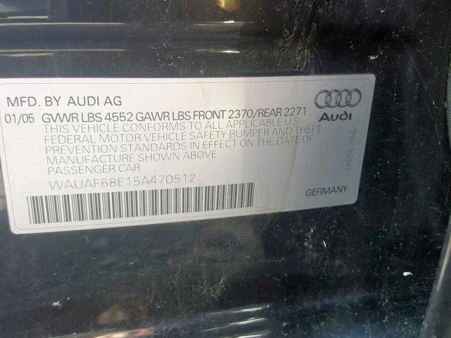 WAUAF68E15A470512 - 2005 AUDI A4 2.0T BLACK photo 10