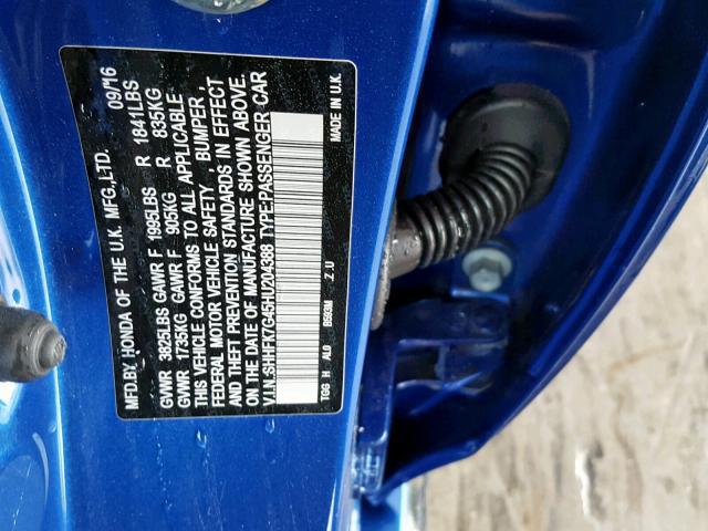 SHHFK7G45HU204388 - 2017 HONDA CIVIC SPOR BLUE photo 10