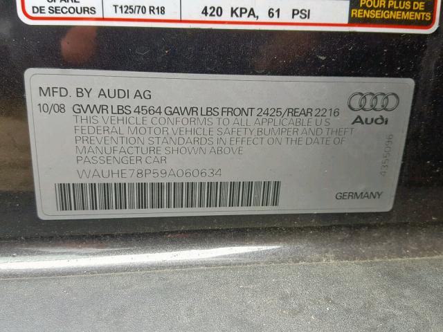 WAUHE78P59A060634 - 2009 AUDI A3 2.0T GRAY photo 10