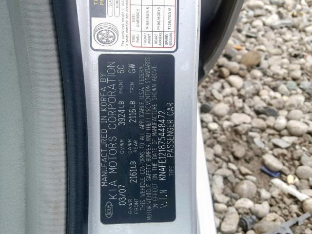 KNAFE121875448472 - 2007 KIA SPECTRA EX SILVER photo 10