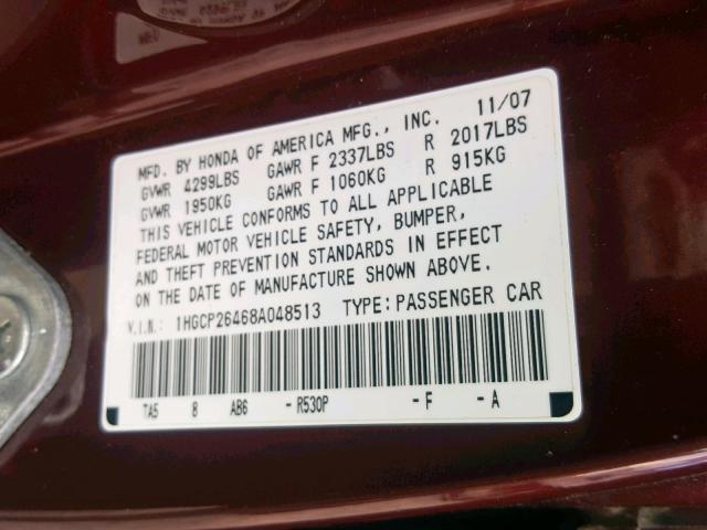 1HGCP26468A048513 - 2008 HONDA ACCORD LXP BURGUNDY photo 10