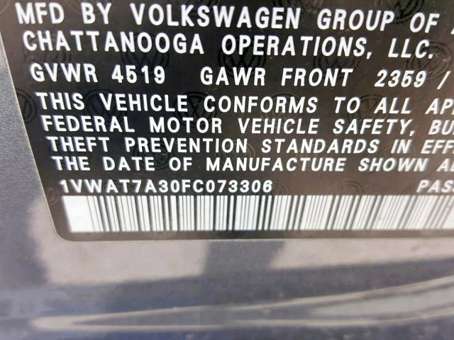 1VWAT7A30FC073306 - 2015 VOLKSWAGEN PASSAT S GRAY photo 10