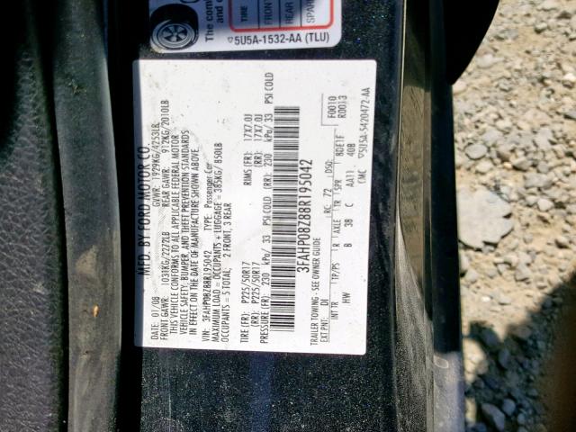 3FAHP08Z88R195042 - 2008 FORD FUSION SEL BLACK photo 10