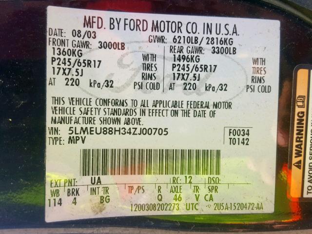 5LMEU88H34ZJ00705 - 2004 LINCOLN AVIATOR შავი ფოტო 10