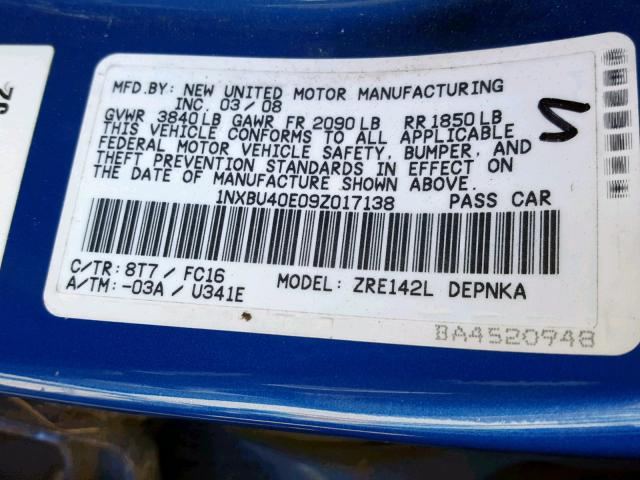 1NXBU40E09Z017138 - 2009 TOYOTA COROLLA BA BLUE photo 10