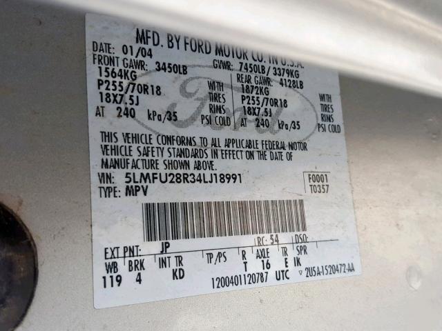 5LMFU28R34LJ18991 - 2004 LINCOLN NAVIGATOR 银色 照片 10